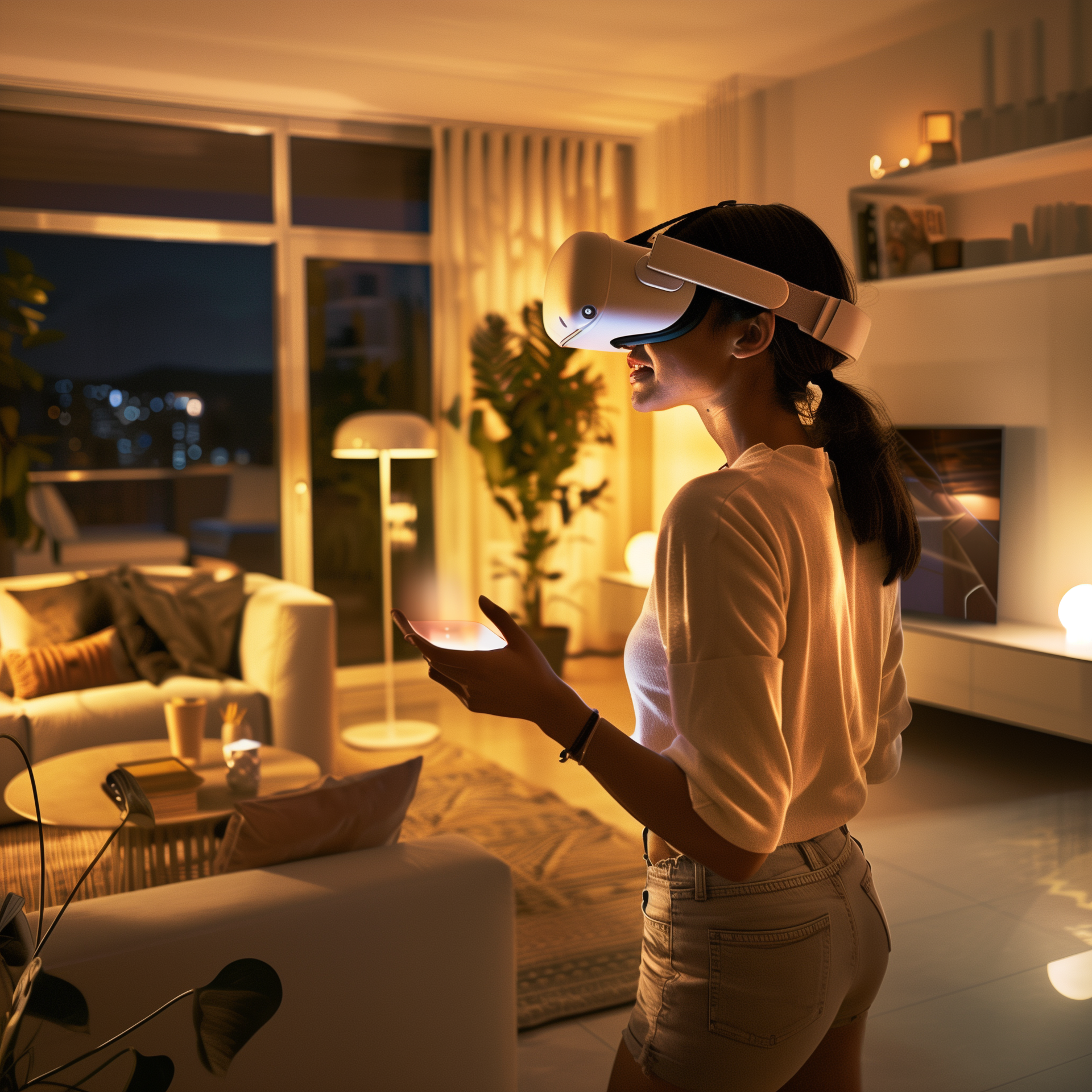 A woman wearing a virtual reality headset in a living room