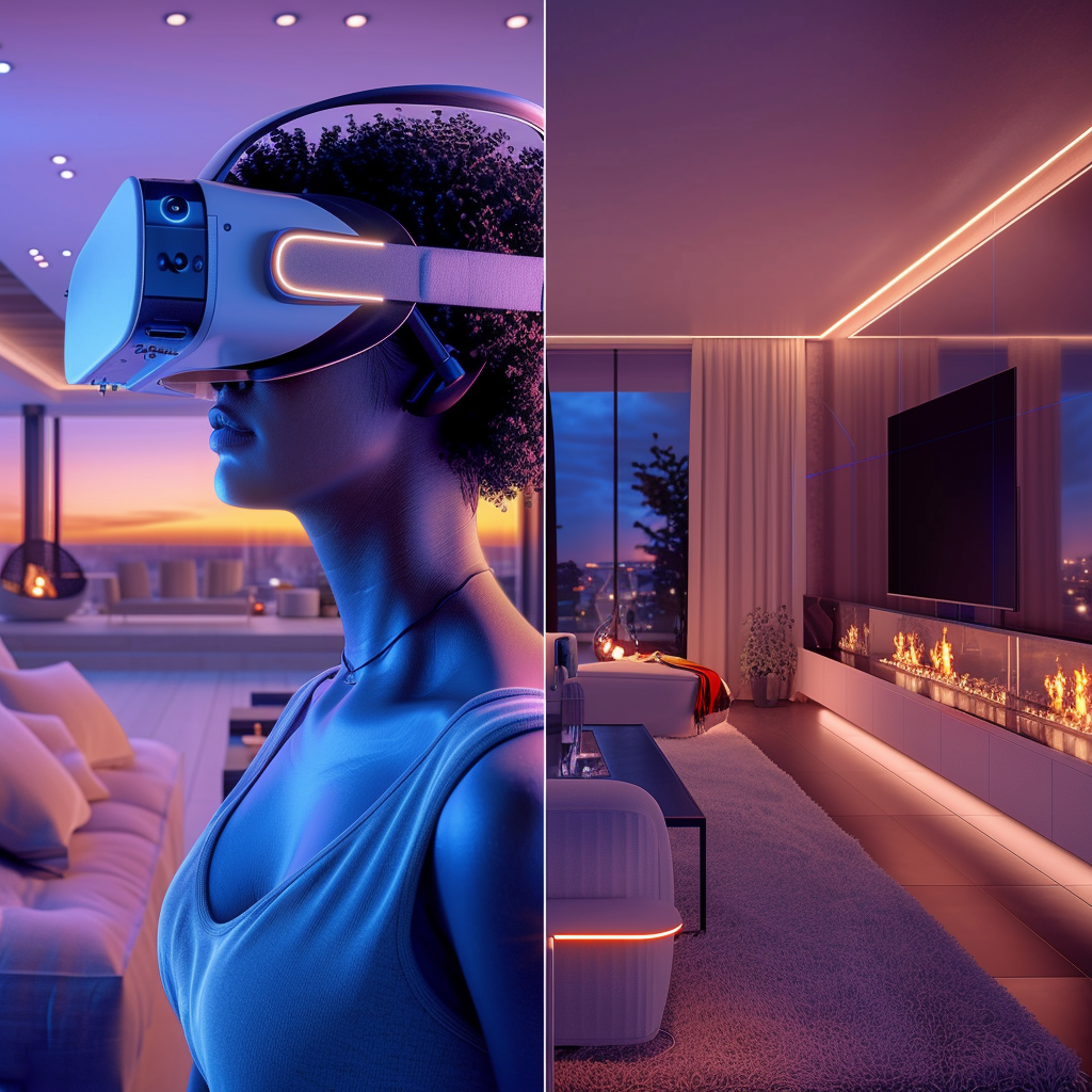 A woman is wearing a virtual reality headset in a living room.