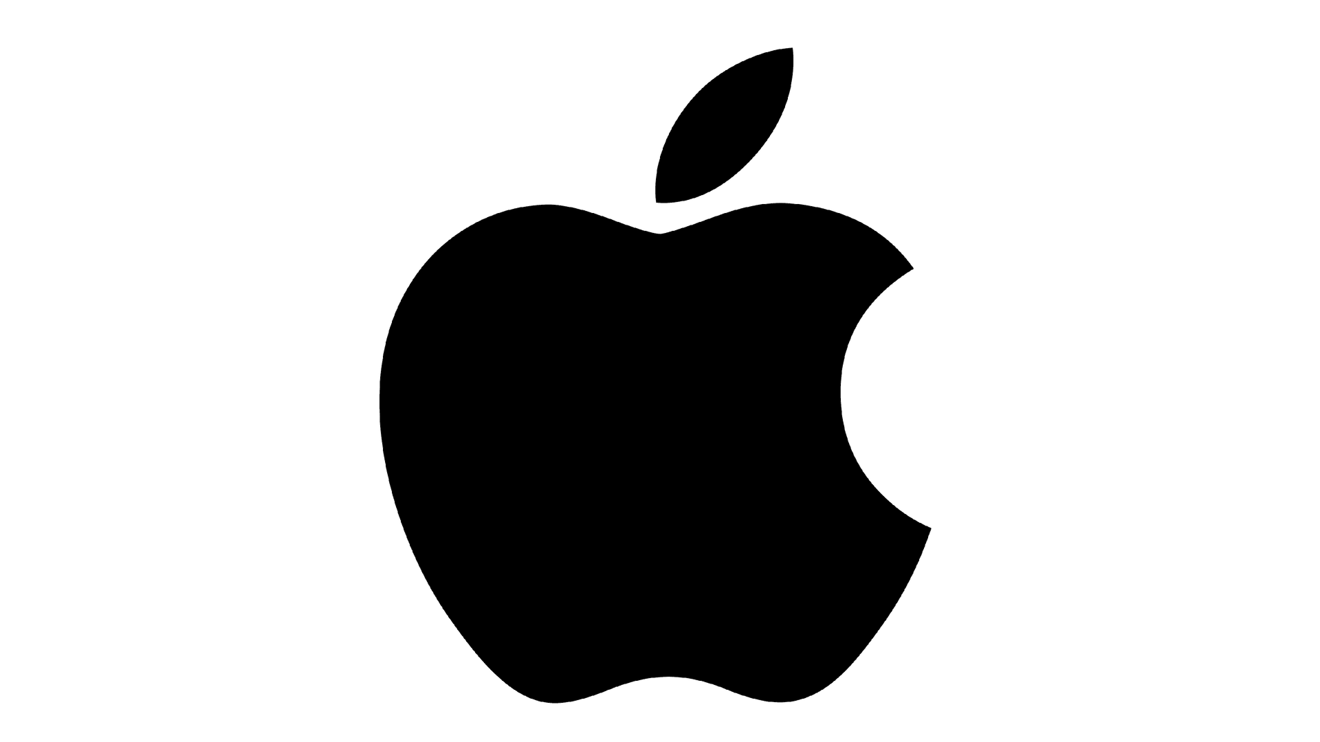 A black apple logo with a bite taken out of it on a white background.