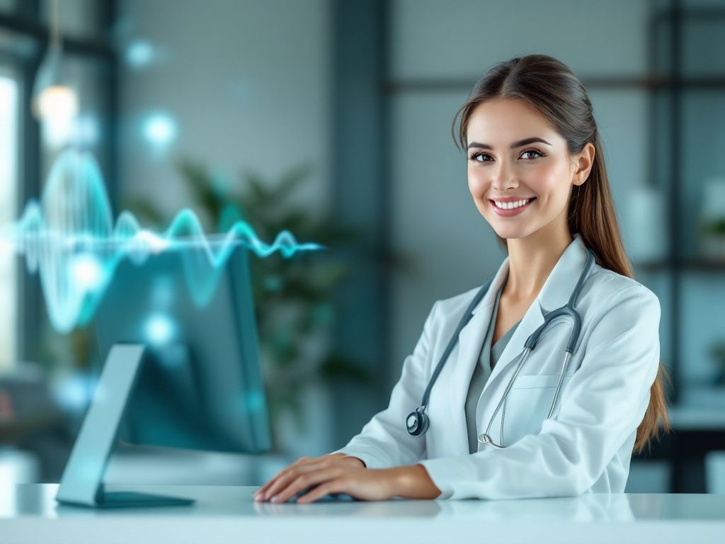 A female doctor is sitting at a desk in front of a computer.