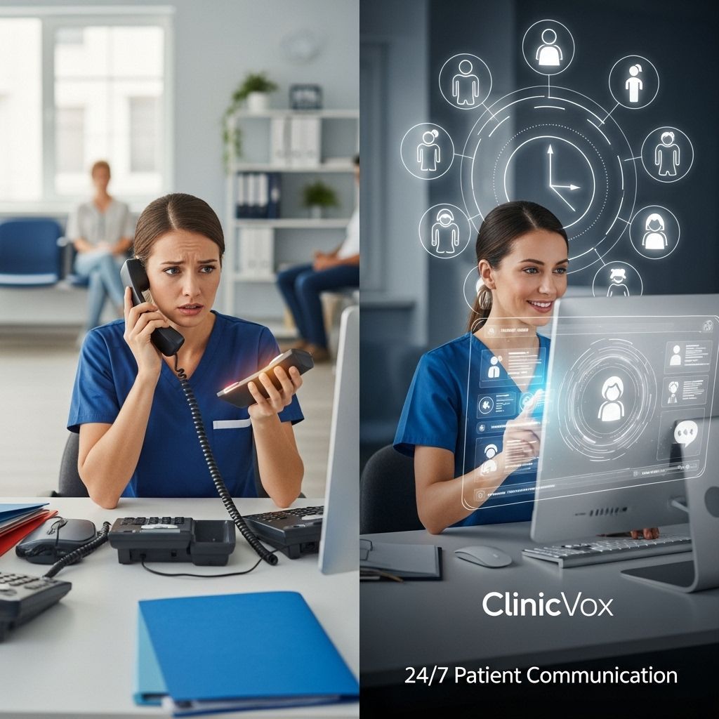 A split image showing a healthcare worker stressed on the phone and then calm using a computer. ClinicVox logo promotes 24/7 patient communication.
