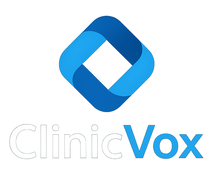 ClinicVox logo: a blue, intertwined square above the name 
