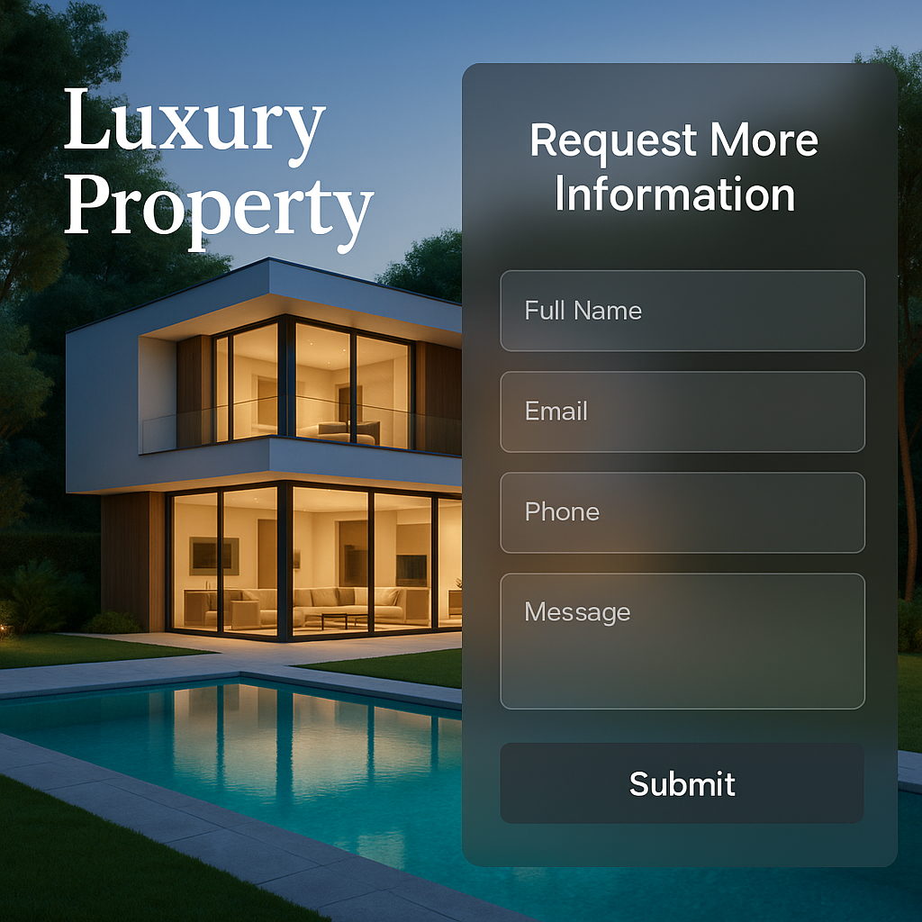 A luxury property advertisement with a house and a pool
