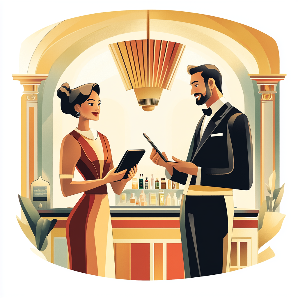 A man and a woman are standing at a bar looking at a tablet.