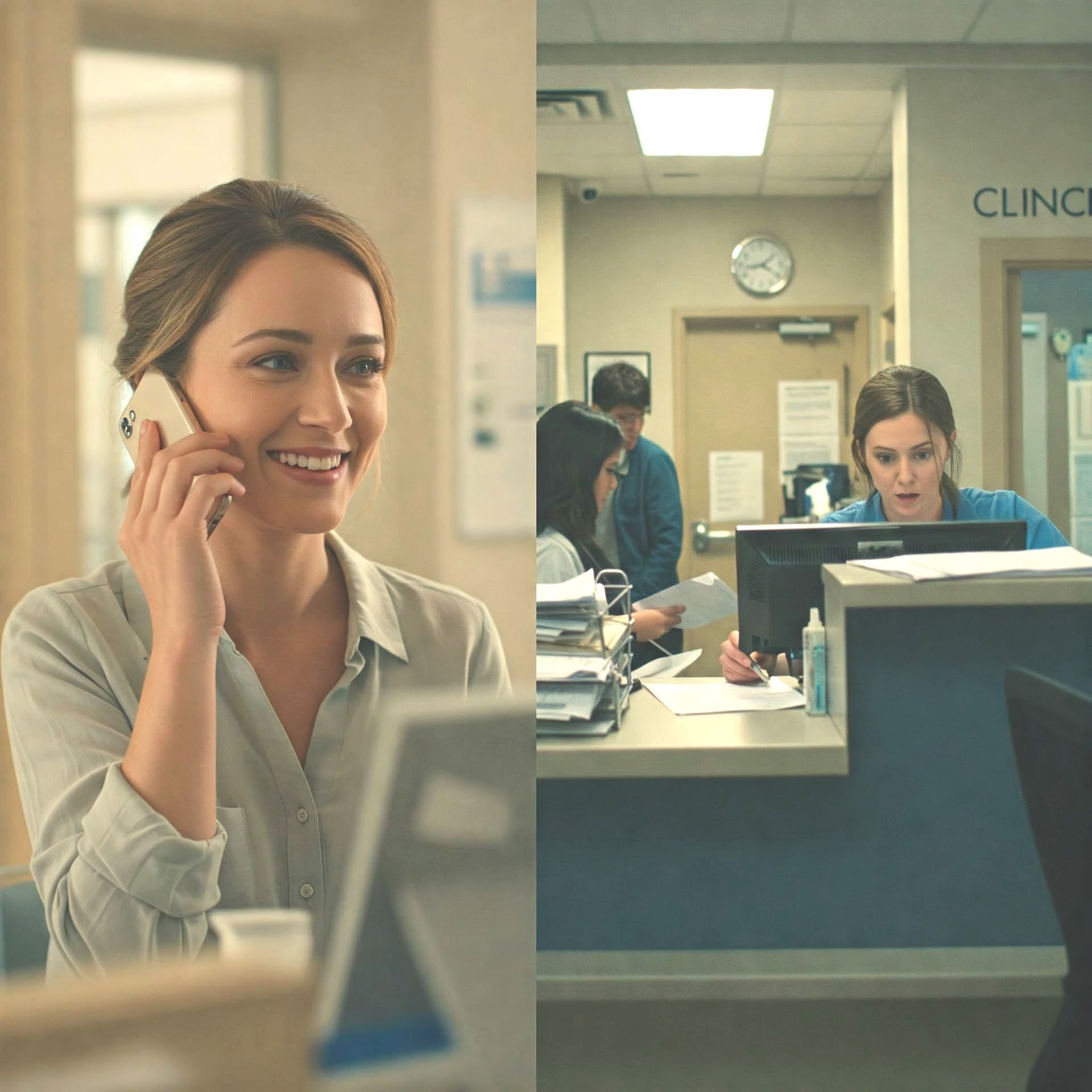 A woman is smiling while talking on a cell phone