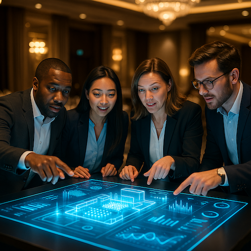Four businesspeople at a table, pointing at a glowing blue tech display in a conference room.