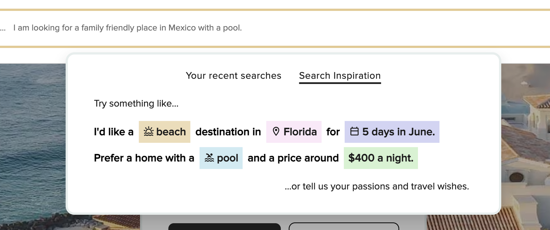 Pop-up search options.  Includes filters like destination, number of guests, pool, and price range.