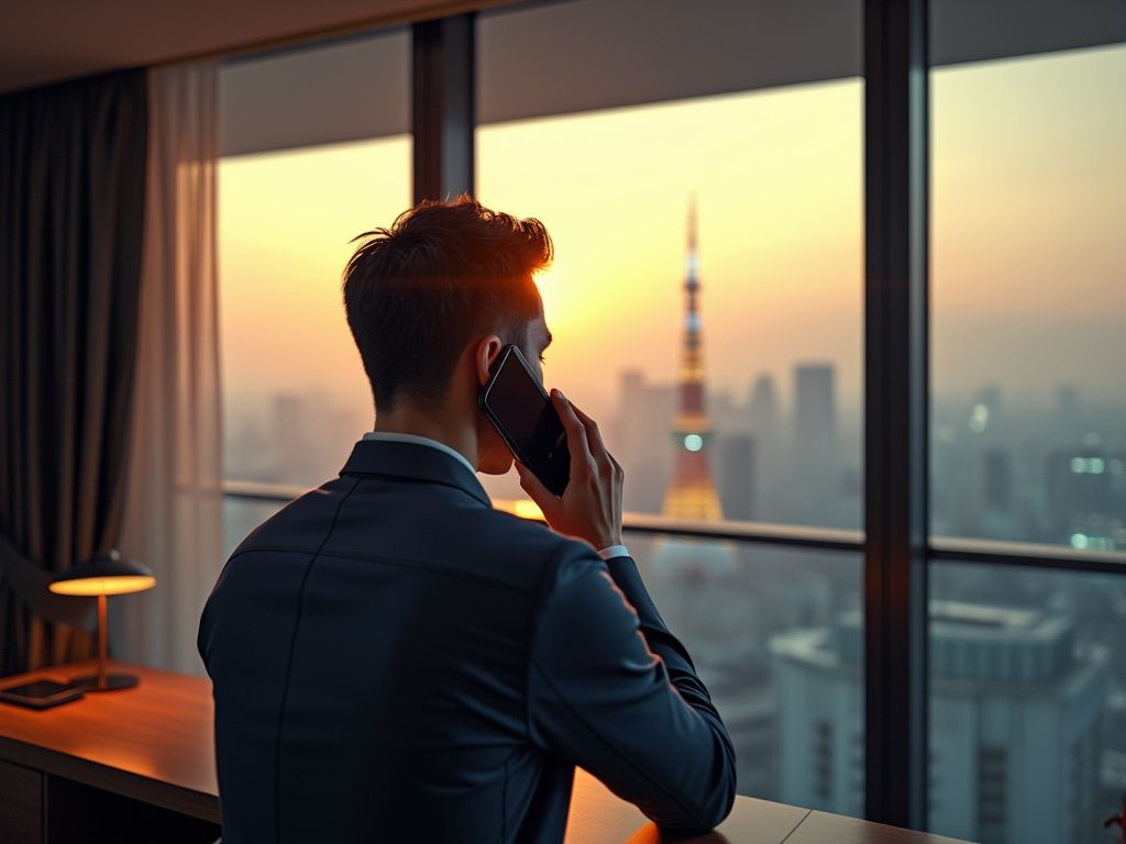 A man in a suit is talking on a cell phone while looking out of a window.