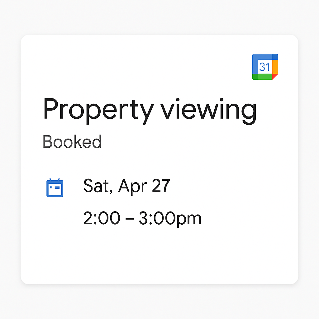 A google calendar app shows a property viewing schedule.