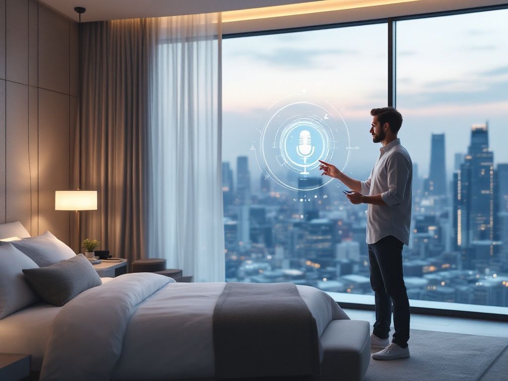 A man is standing in a bedroom speaking to an ai concierge while looking out of a window.