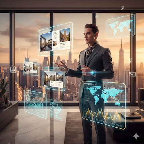 A man in a suit gestures towards holographic data displays against a city skyline background.