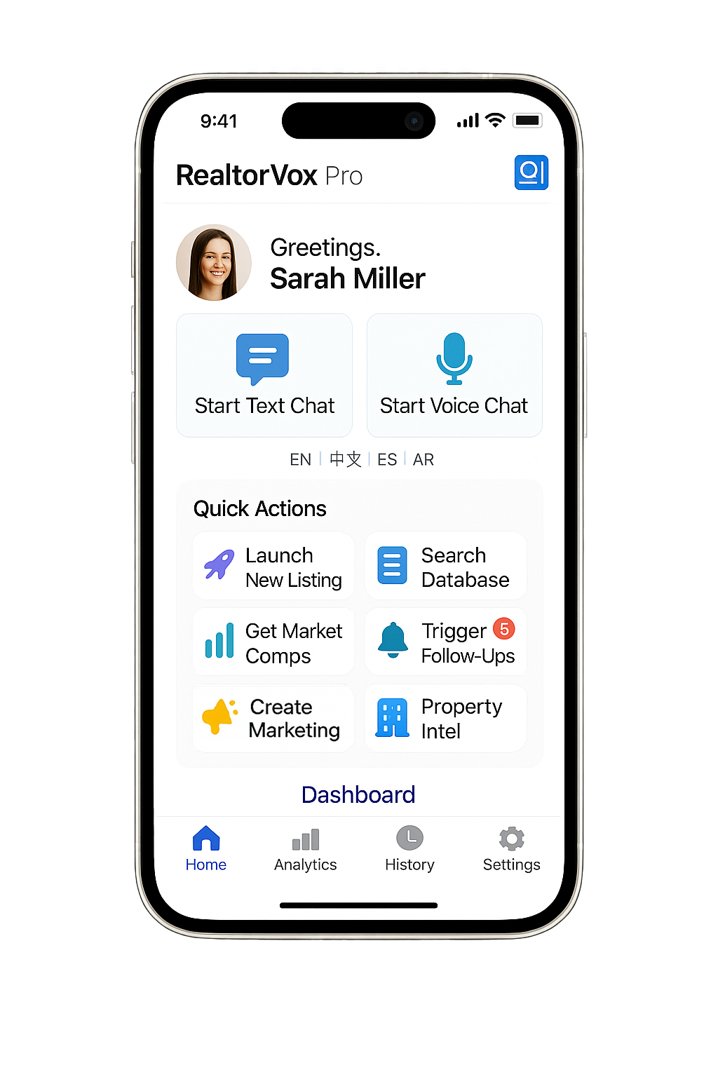 RealtorVox Pro - Mobile app dashboard with quick actions, greetings, and navigation menu.