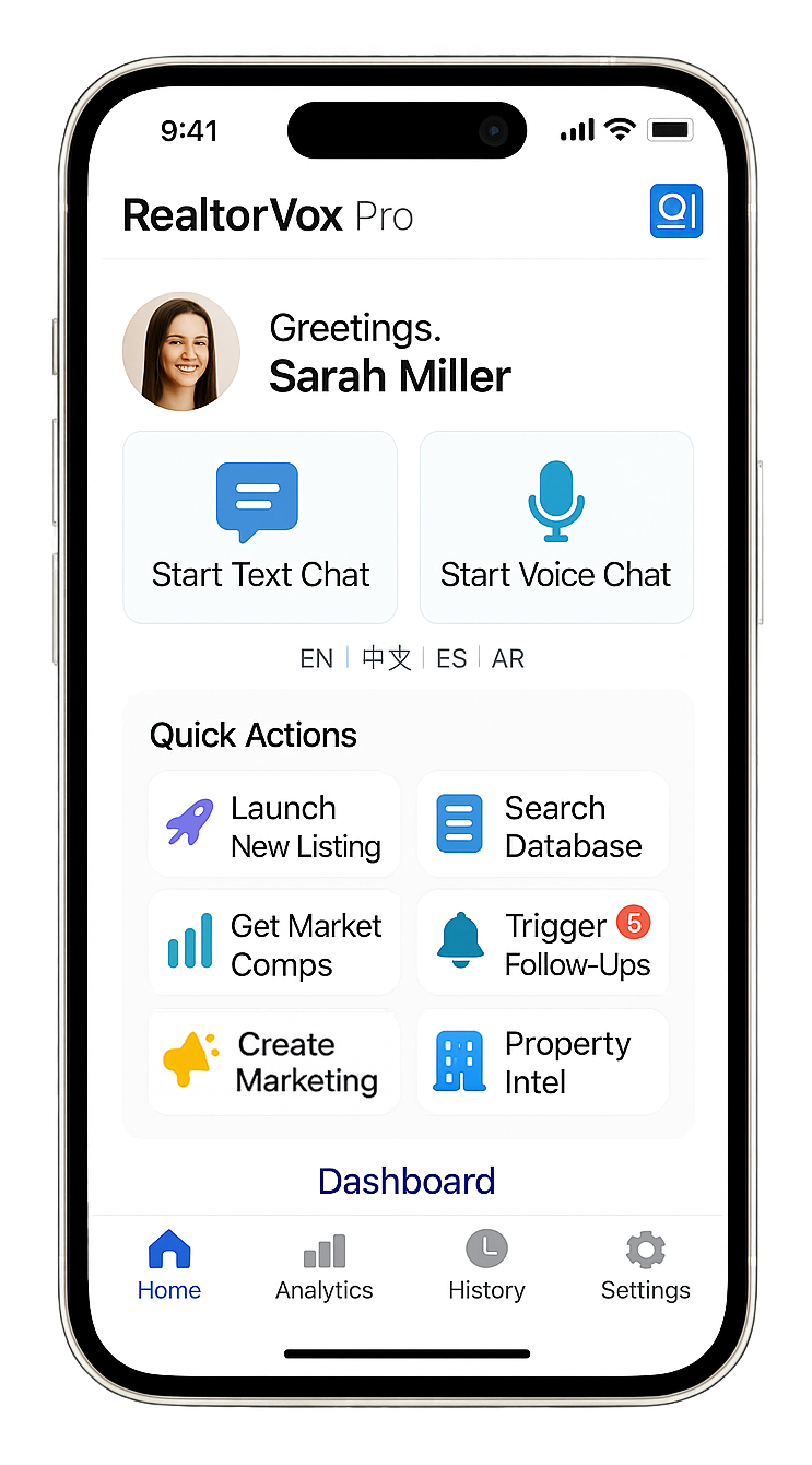 RealtorVox Pro - Mobile app dashboard for RealtorVox Pro. Shows chat, voice chat, and quick actions for real estate tasks.