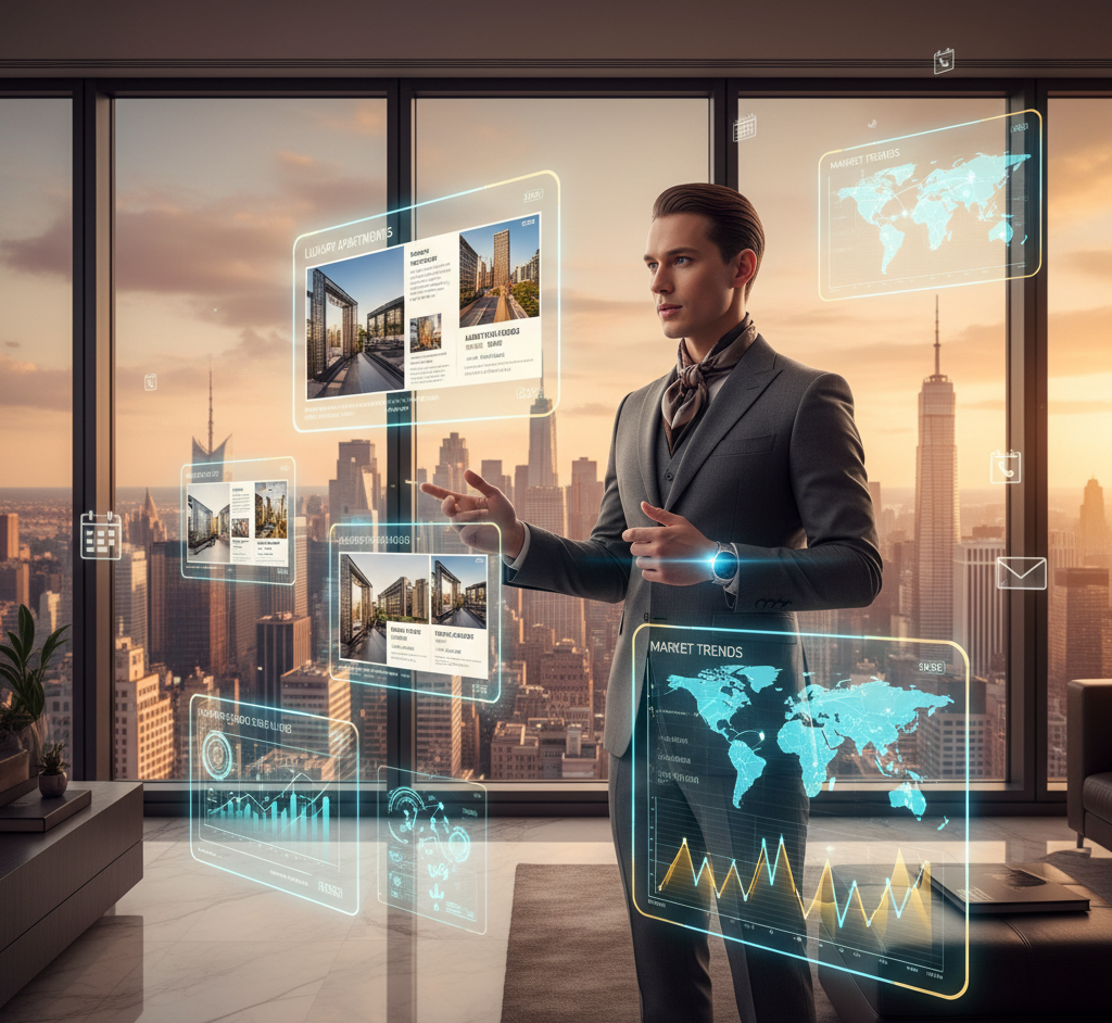 A businessman in a suit uses holographic screens, presenting data in an office with a city view at sunset.