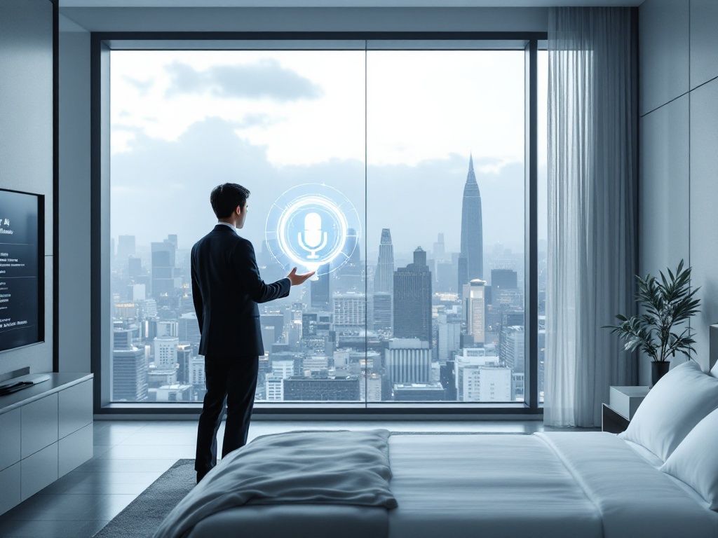 A man in a suit is standing in a bedroom looking out of a window.