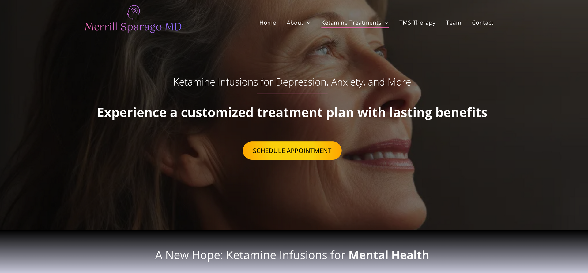 A woman is smiling on the homepage of a website.