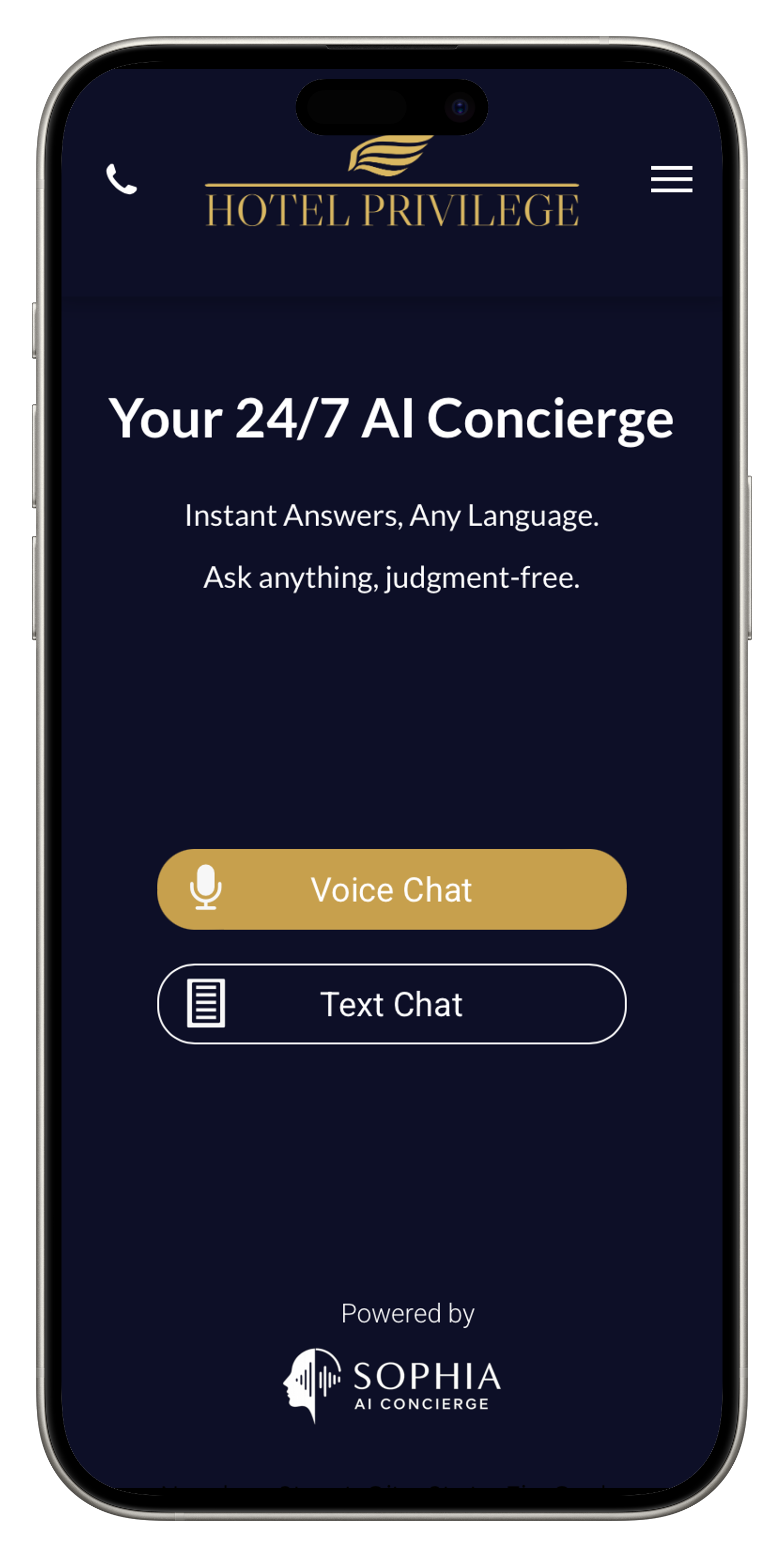 A phone displaying a dark UI for a 24/7 AI concierge. Options include 