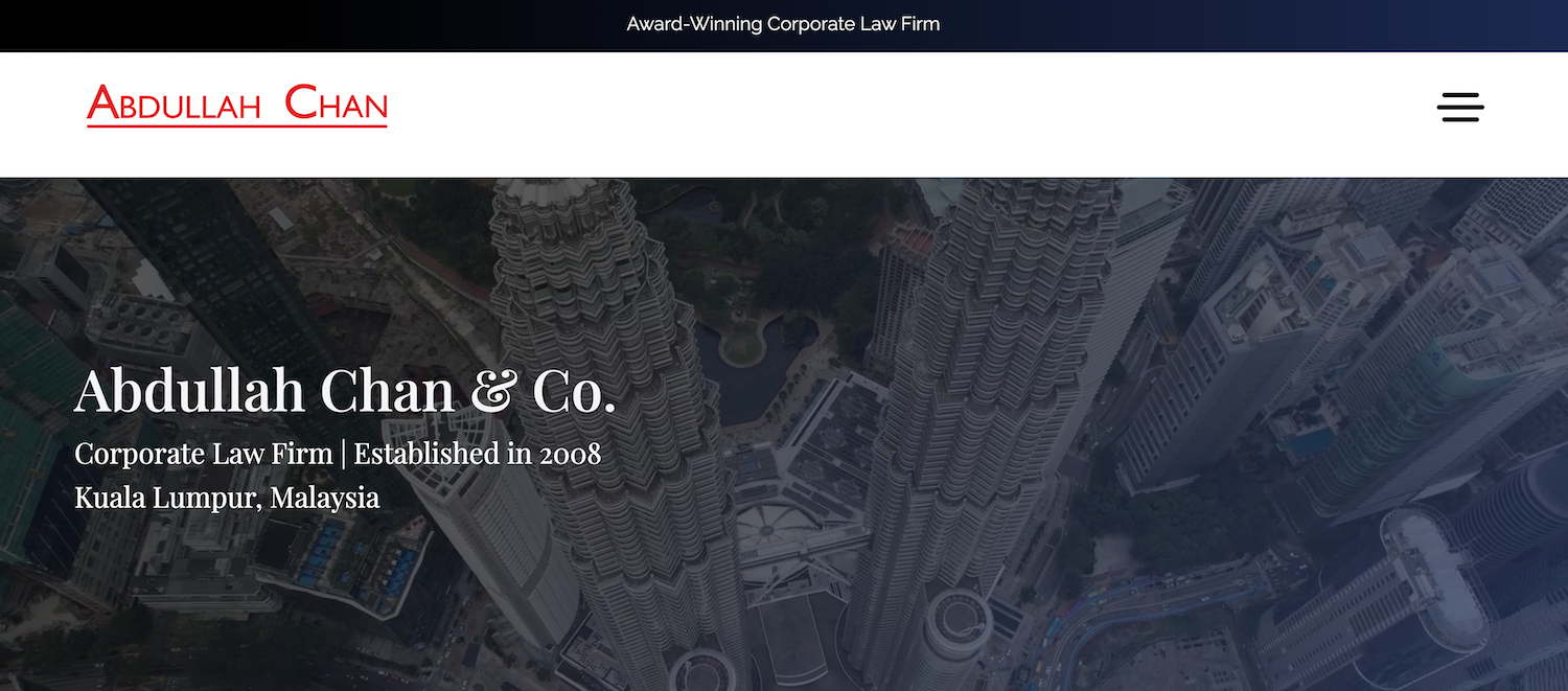 Website header: Abdullah Chan & Co. logo and navigation menu, with a cityscape background.