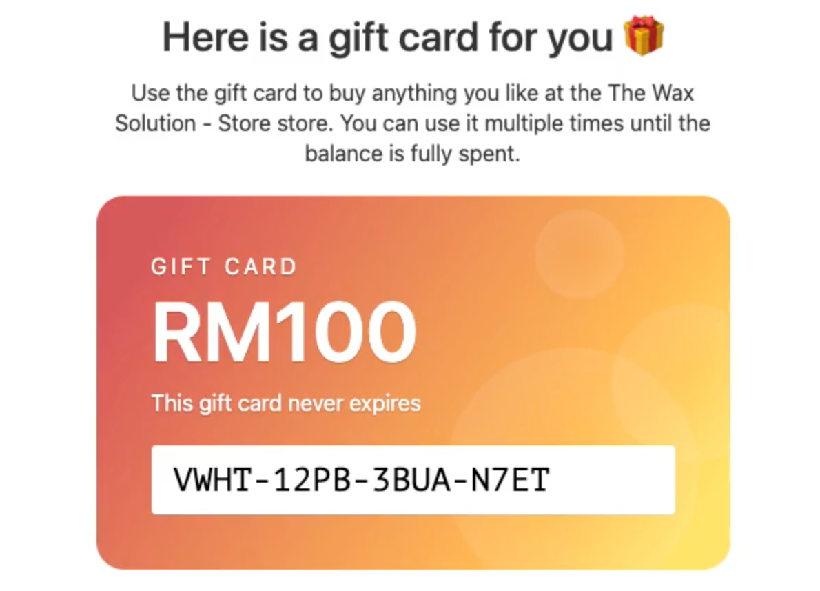 There is a gift card for you that says rm100