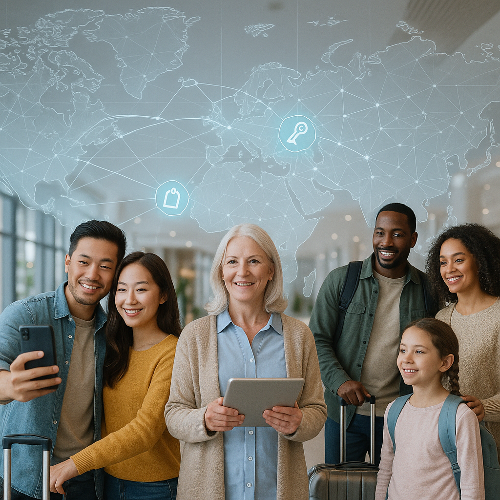 Group of diverse people smiling at a camera in an airport. A world map graphic is superimposed in the background.