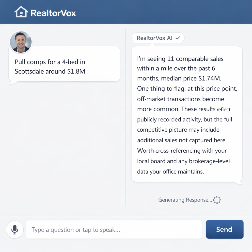 RealtorVox AI assistant showing calibrated data confidence advisory for mid-range real estate comps