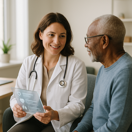 A doctor is talking to an older man while holding a tablet.
