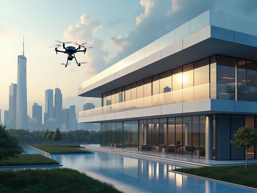 A drone is flying over a modern house with a city in the background.