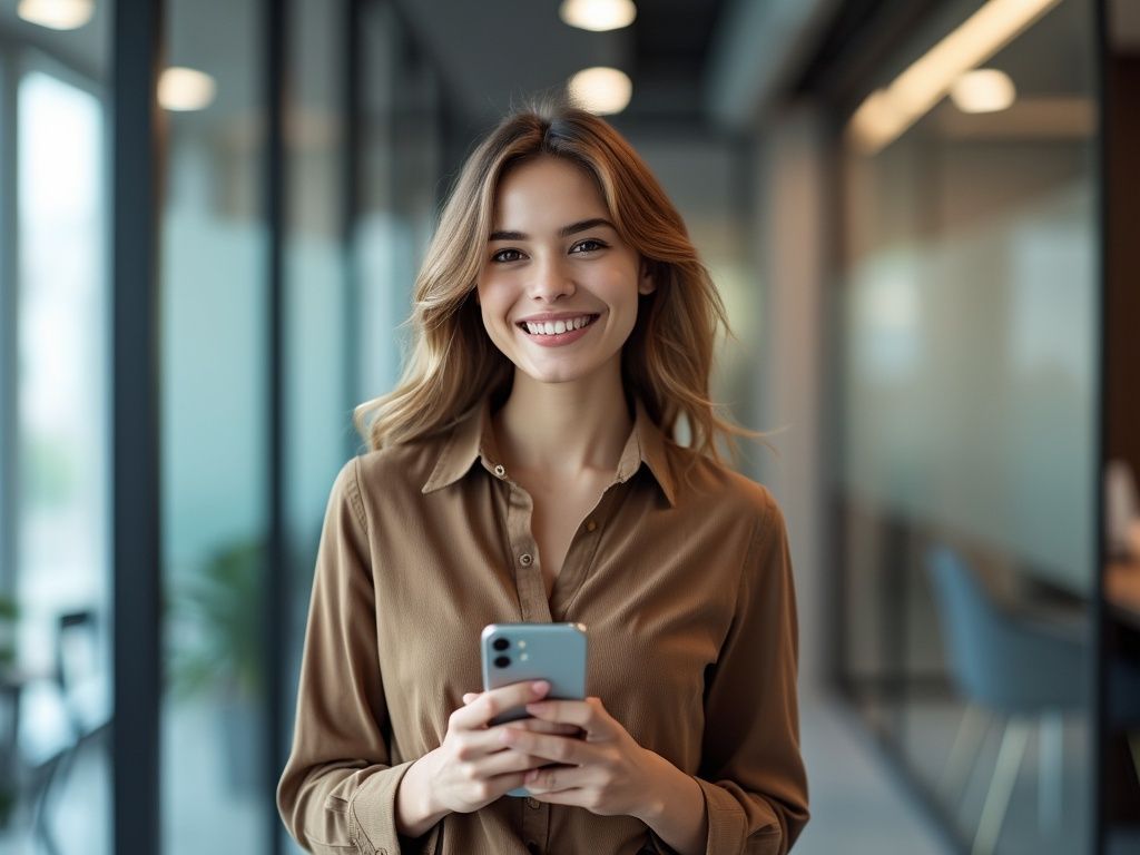 A woman is holding a cell phone in her hands and smiling.