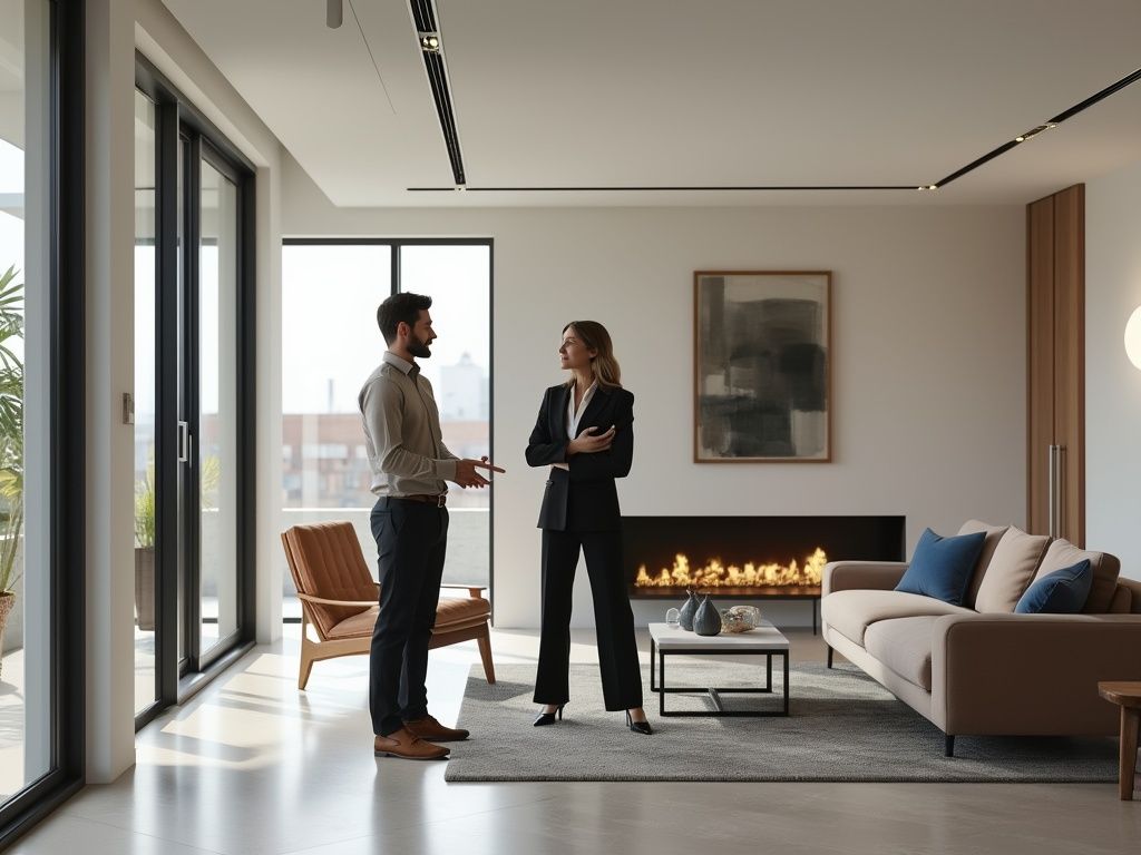 A man and a woman are standing in a living room talking to each other.