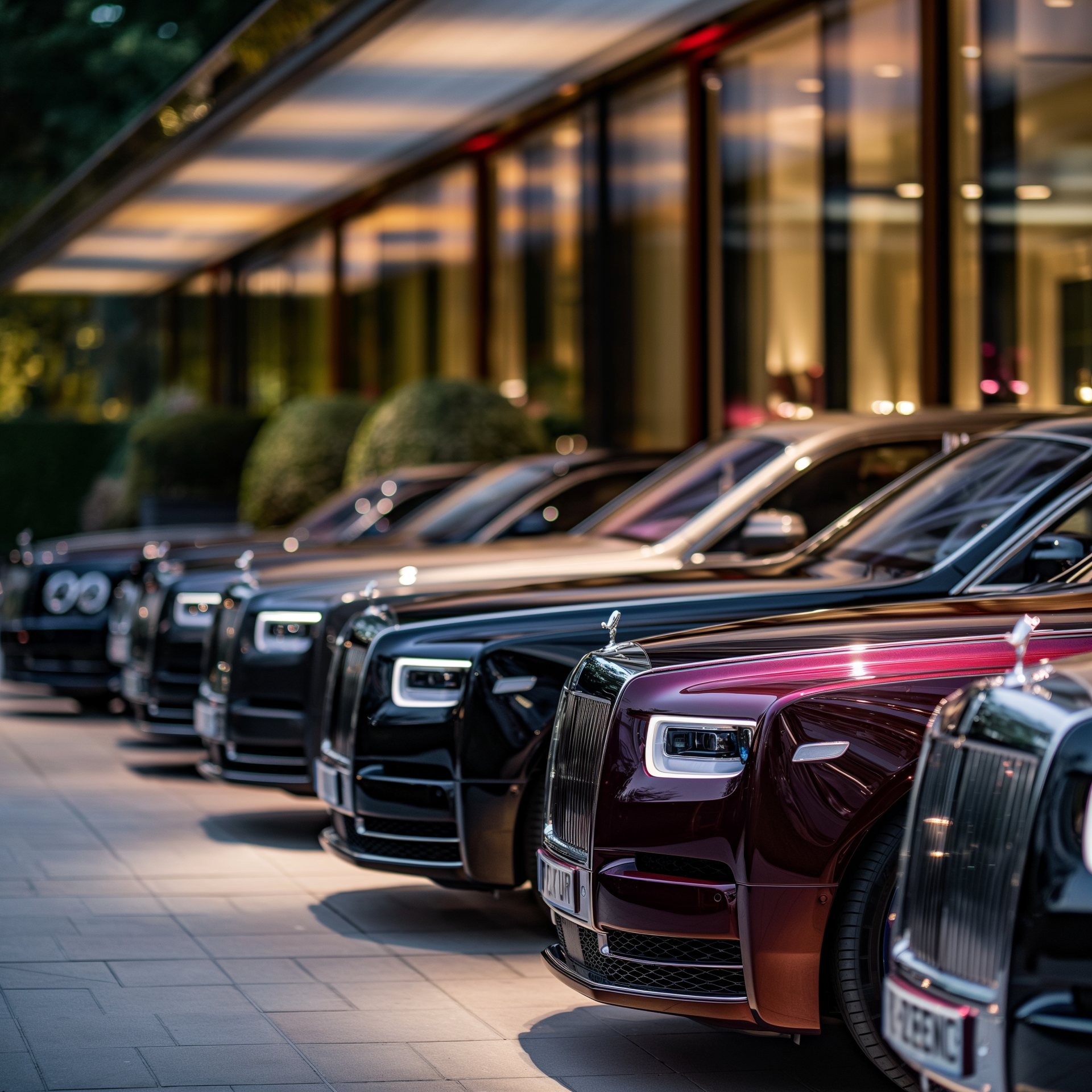 A row of rolls royce cars parked in front of a building