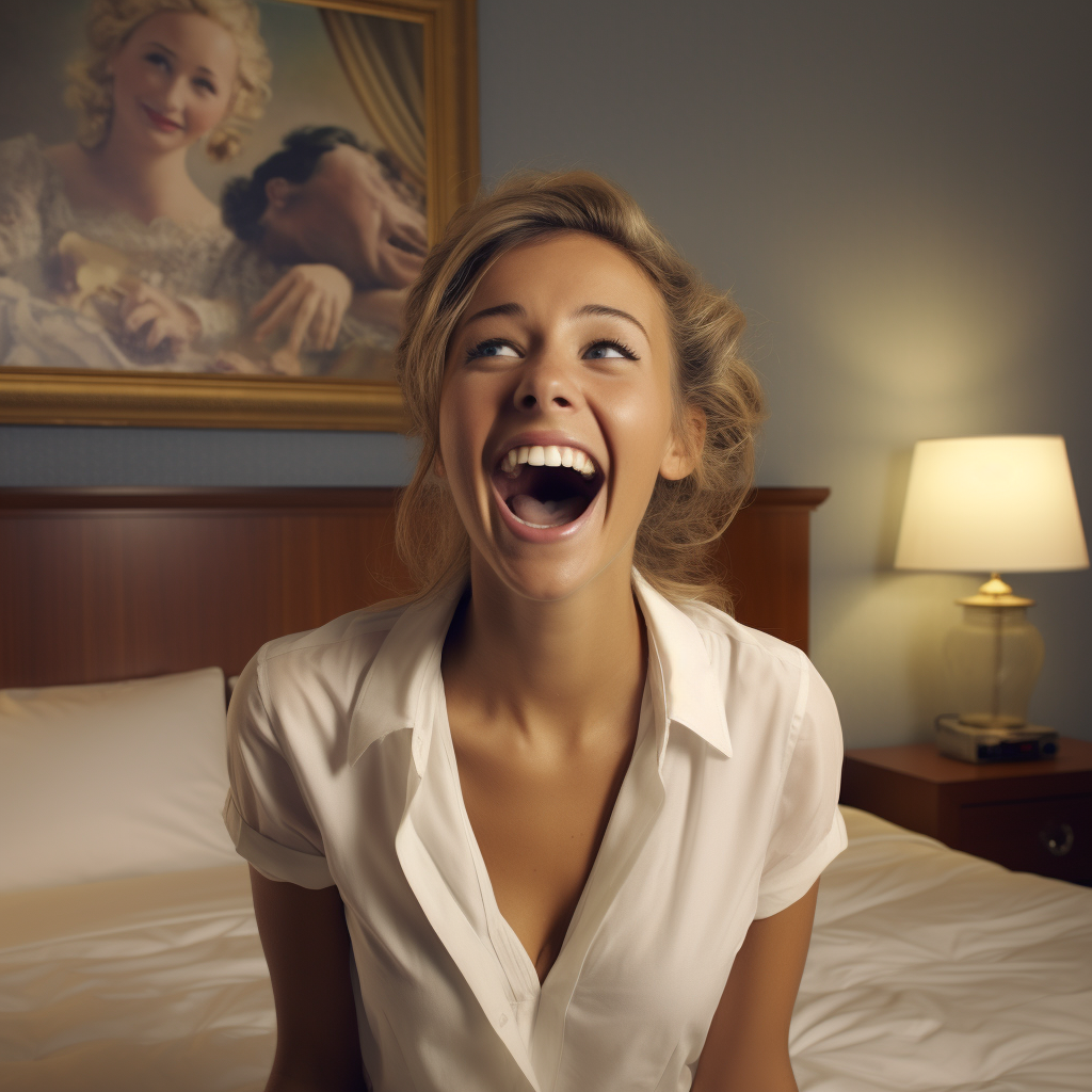 A woman in a white shirt is sitting on a bed laughing