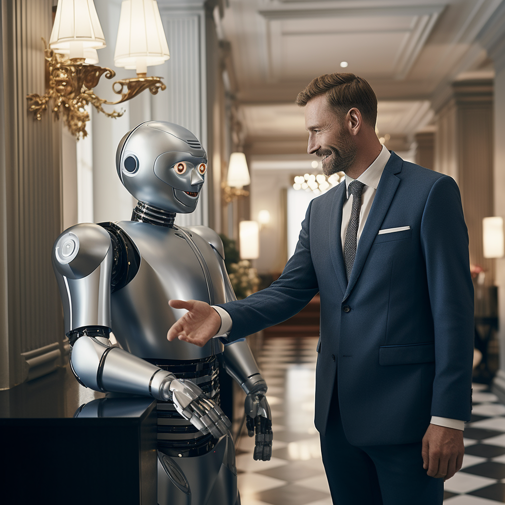 a hotel staff in a suit shakes hands with a robot
