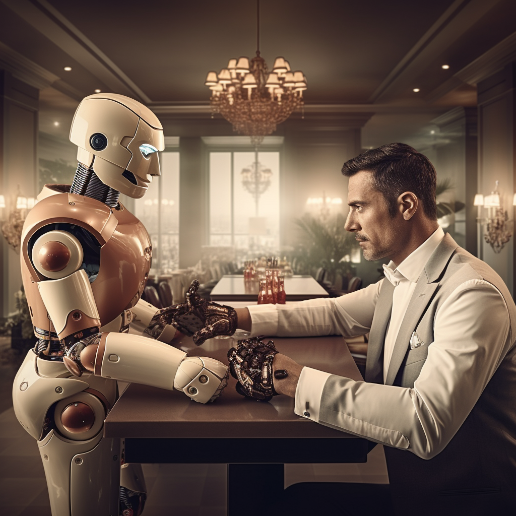a hotel staff sits at a table with a robot