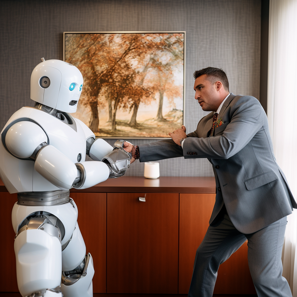 a robot wrestling with a male hotel staff