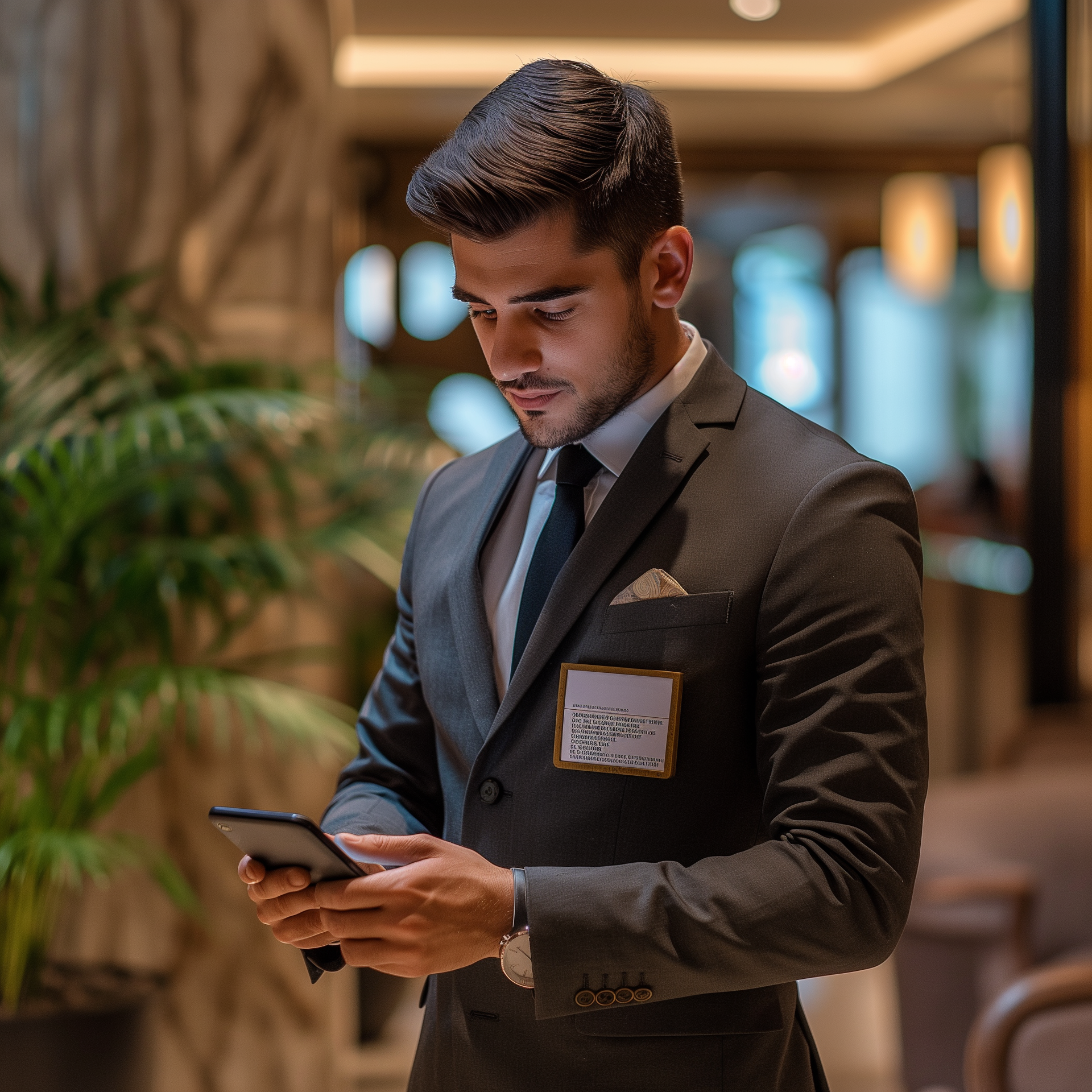A man in a suit and tie is using a tablet