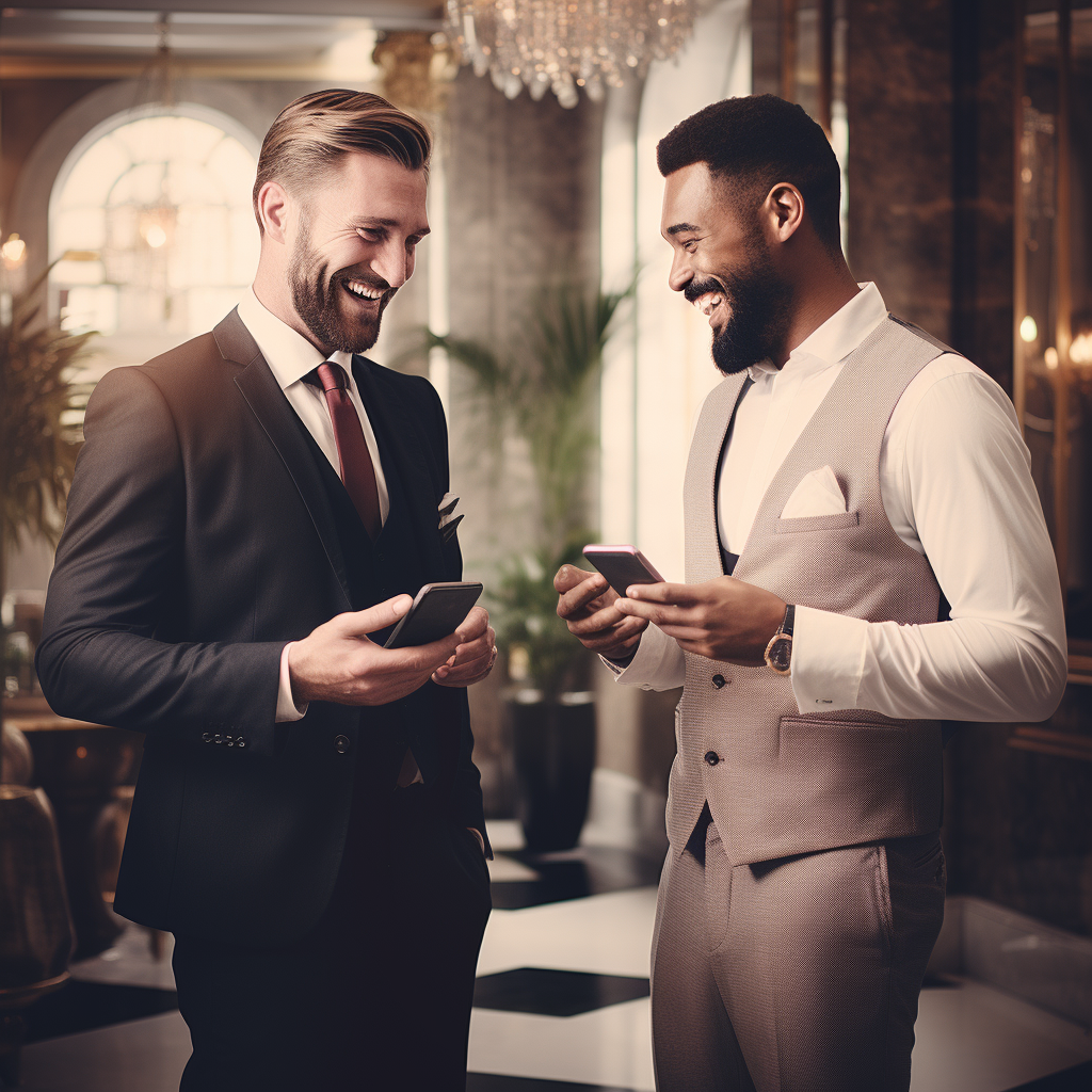 two men in suits are standing next to each other looking at their cell phones .