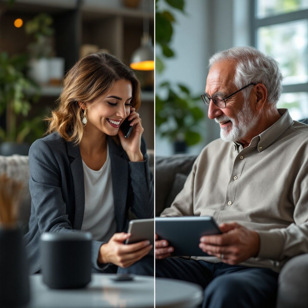 A woman is talking on a cell phone and a man is looking at a tablet.