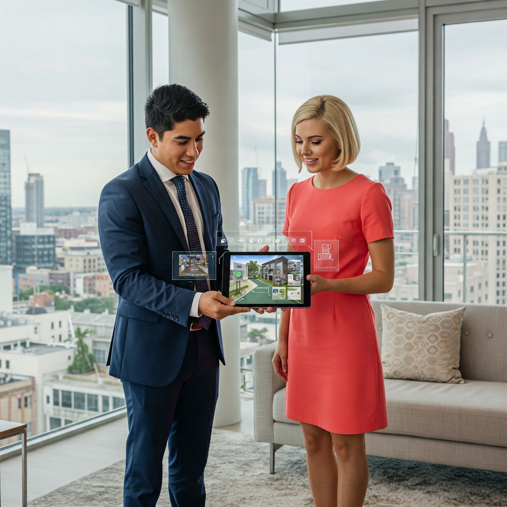 A man and a woman are looking at a tablet together