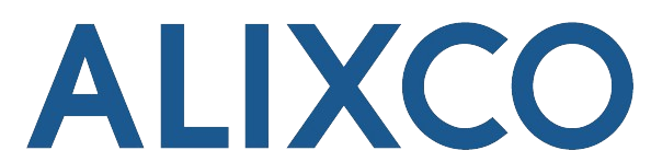 A blue alixco logo on a white background
