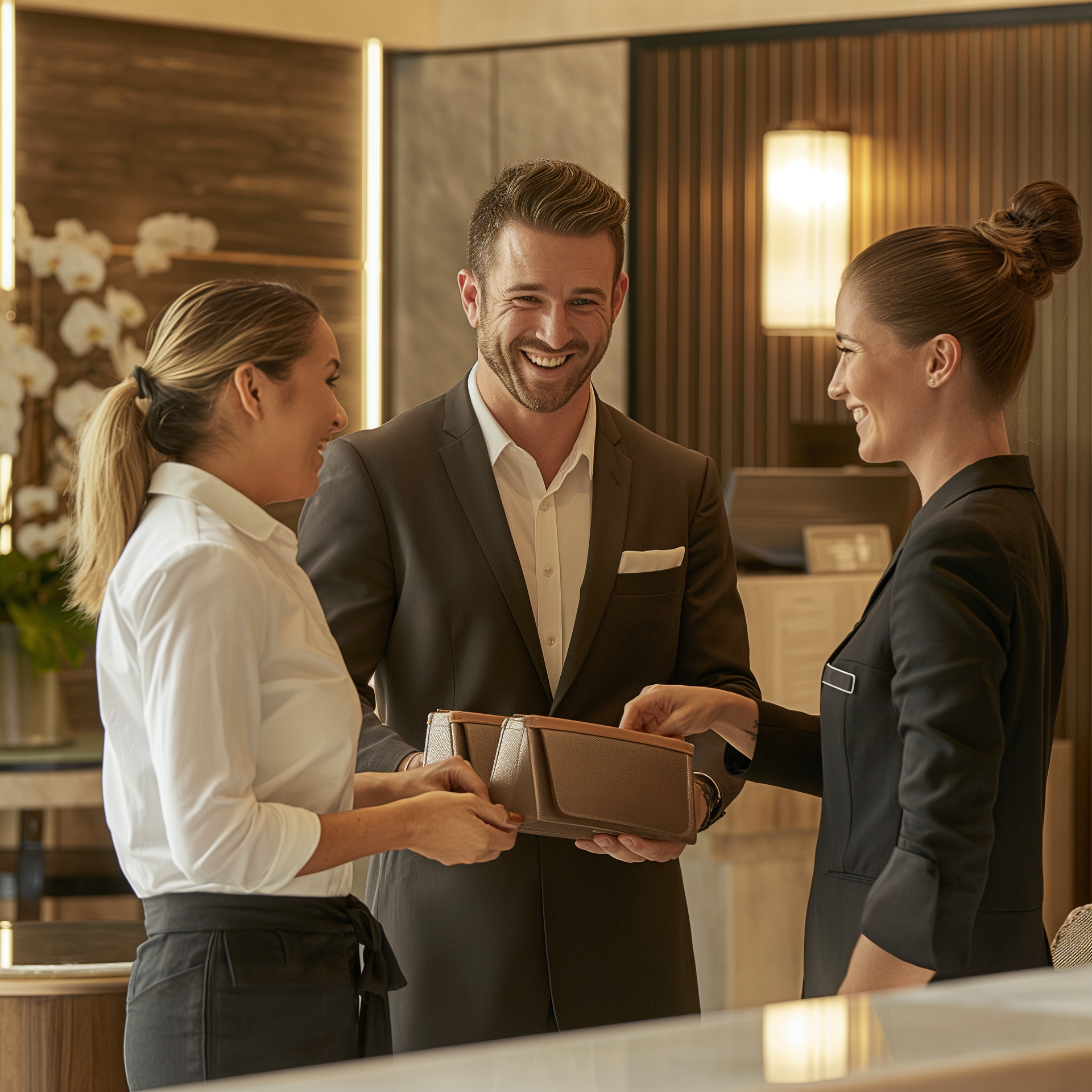 A man in a suit is talking to two women while holding a wallet.