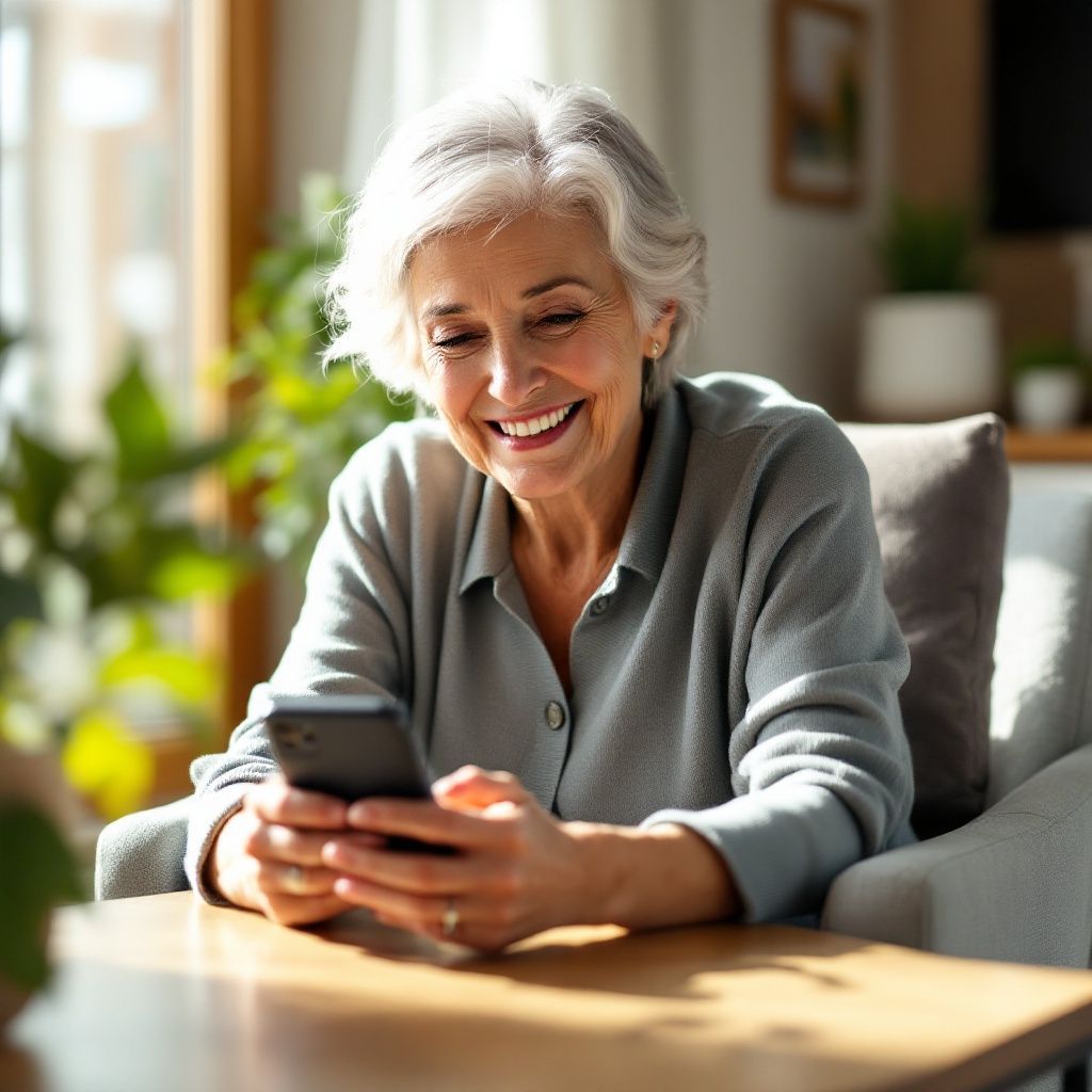 An elderly woman is sitting at a table looking at her cell phone.