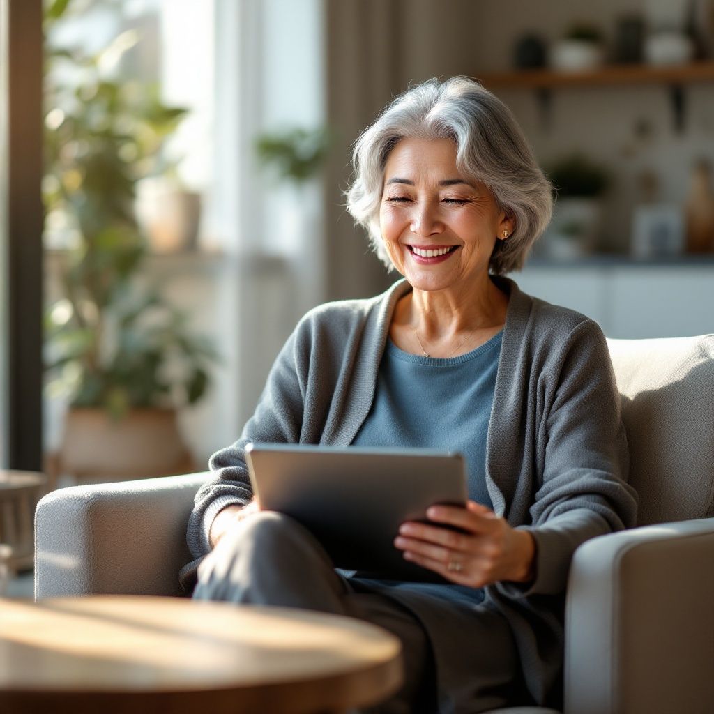 An elderly woman is sitting in a chair using a tablet computer.