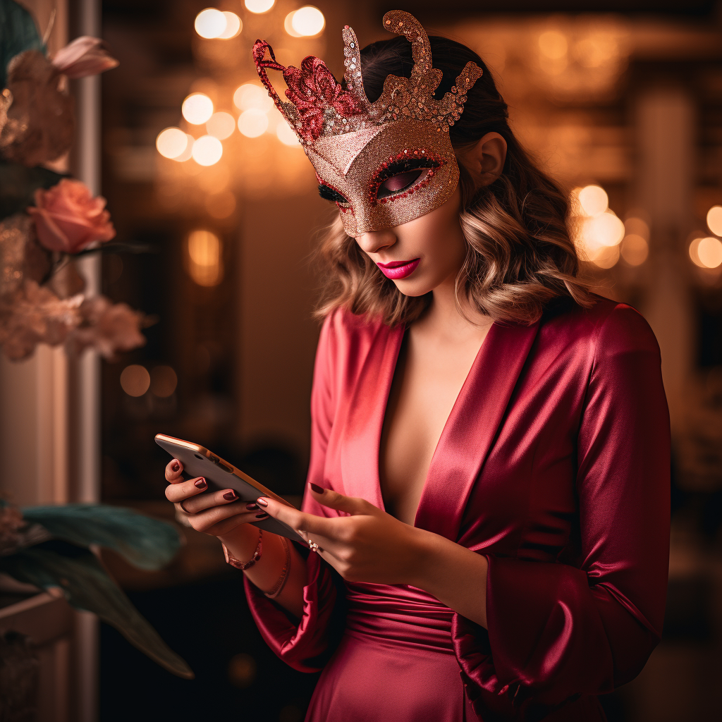 a woman wearing a mask and a crown is looking at her phone .