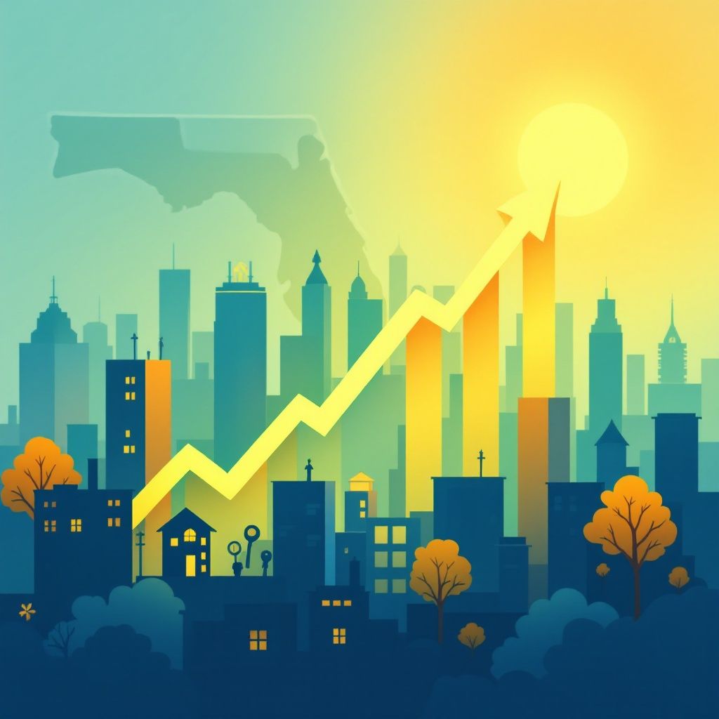 An illustration of a city skyline with an arrow pointing up