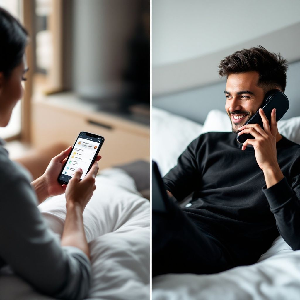 A woman is holding a cell phone and a man is laying on a bed talking on a cell phone