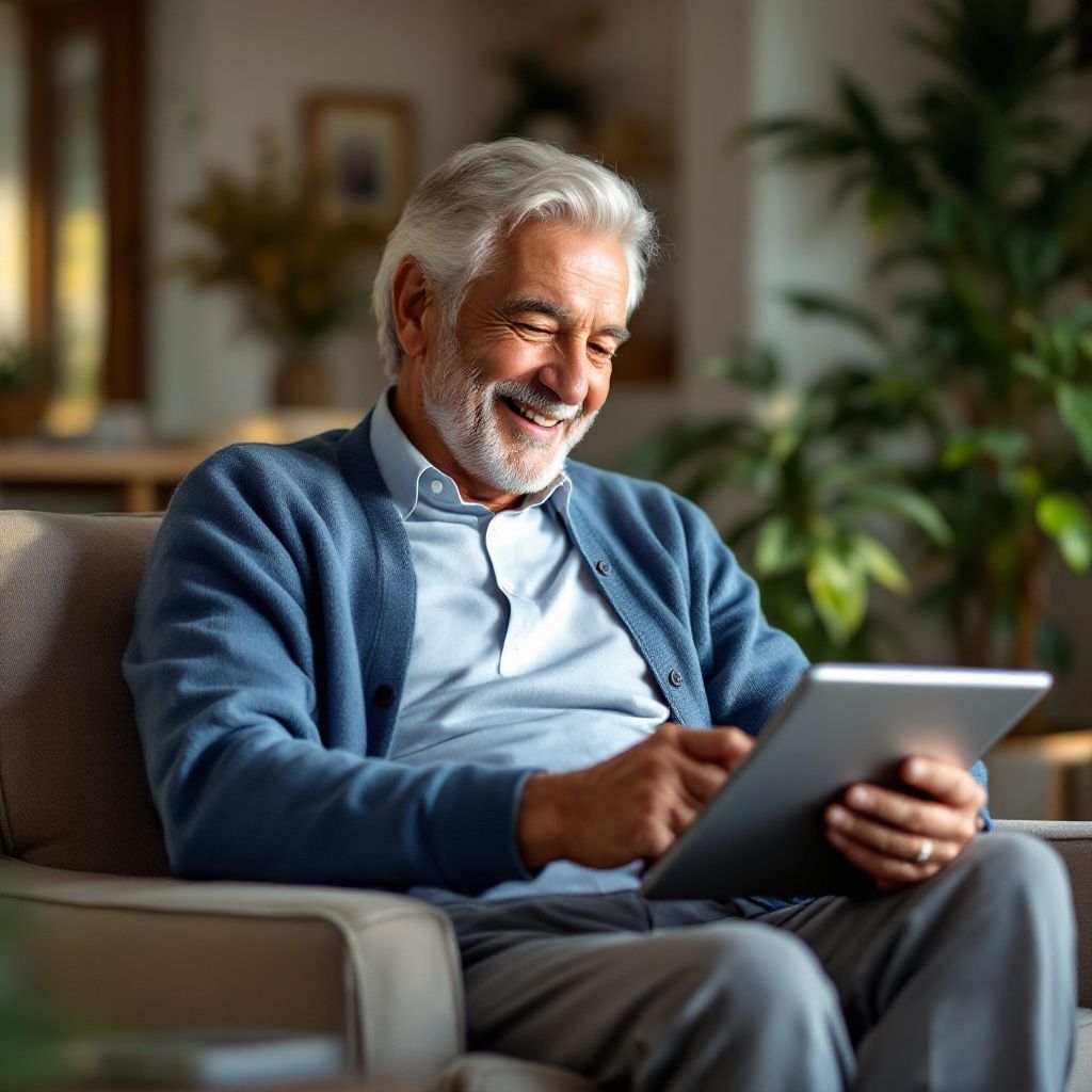 An older man is sitting on a couch using a tablet computer.