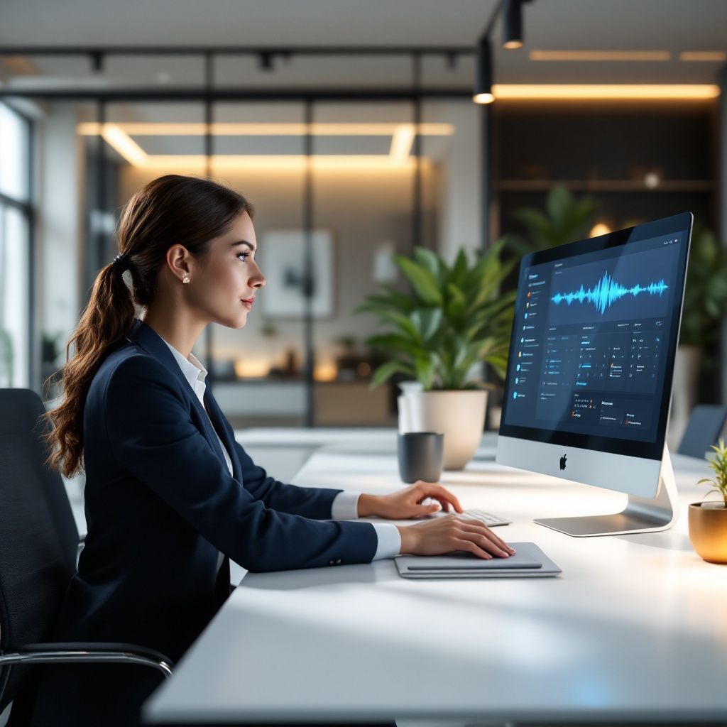 A woman is sitting at a desk using a computer.