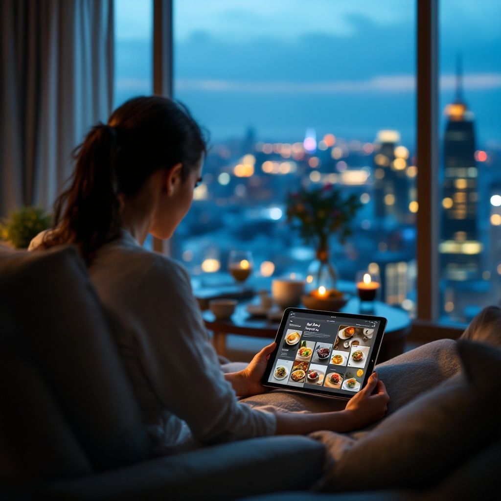 A person is sitting on a couch looking at a tablet with a city in the background