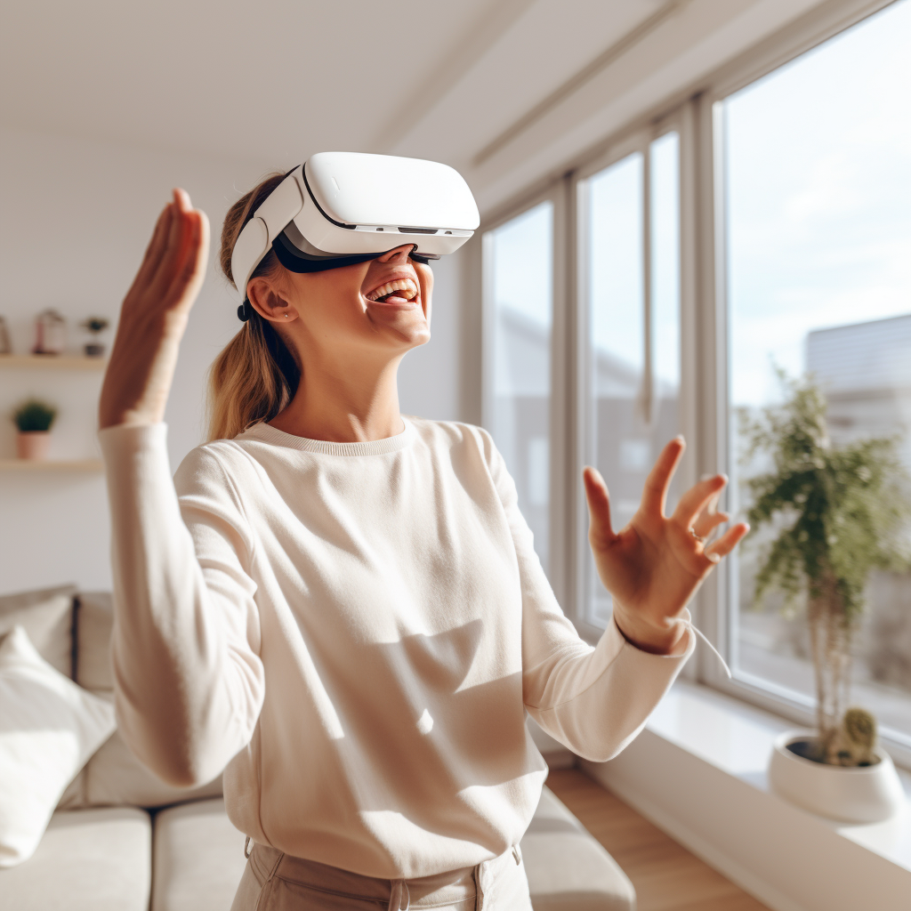 a woman is wearing a virtual reality headset in a living room.