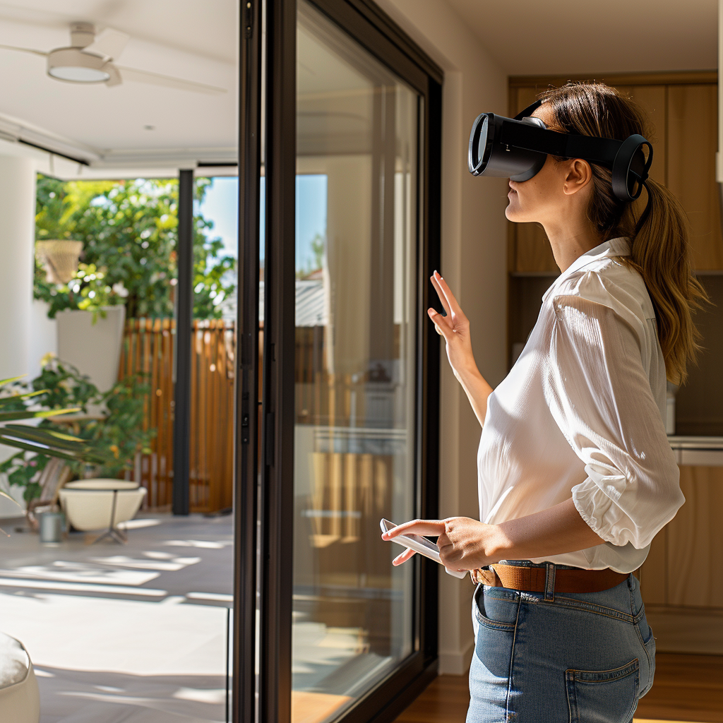A woman wearing a virtual reality headset is looking out of a window.